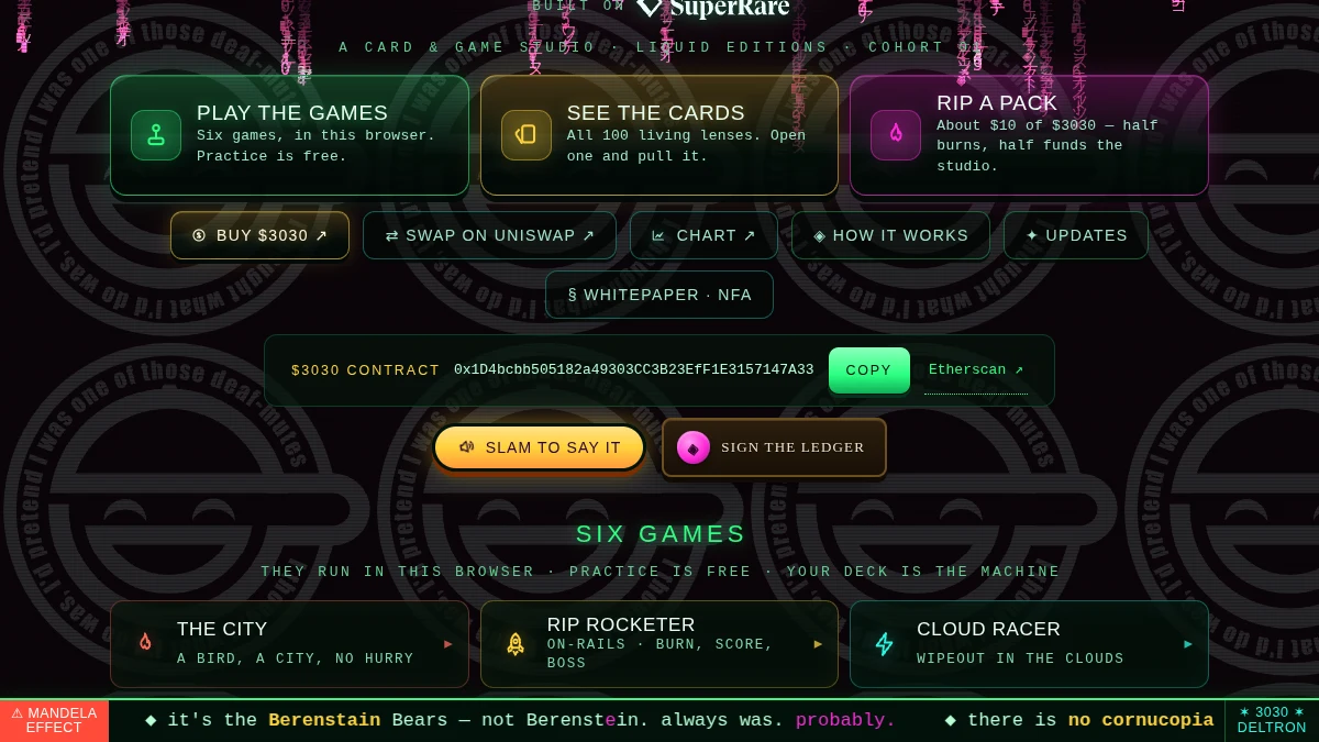 The front page: BUY, SWAP ON UNISWAP and CHART, the $3030 contract address with a COPY button, and the live pool list.