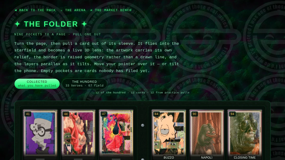 The folder: nine-pocket pages, some sleeves filled with cards you have pulled and some still empty.