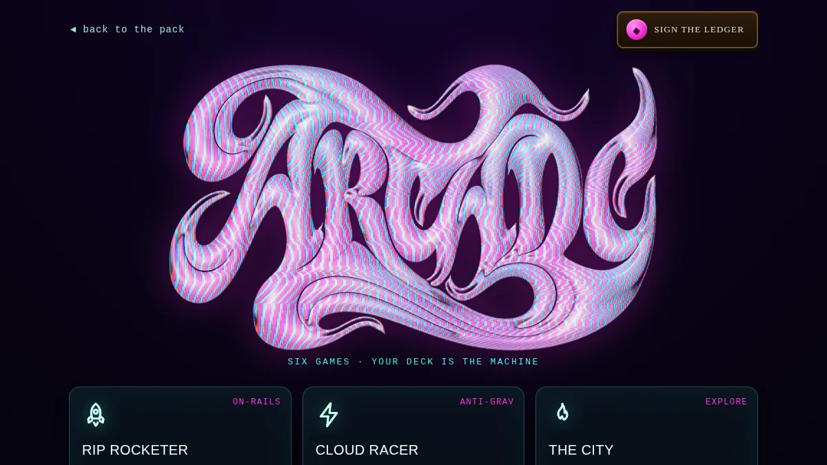 The arcade: the ARCADE wordmark over the shelf, captioned six games, your deck is the machine.